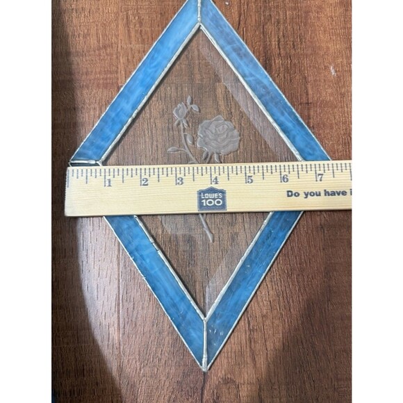 Diamond Shaped Stained Glass Hand Made Window Hanging Blue Etched Rose 11.5x7.5” - Picture 11 of 11